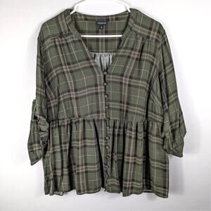 Torrid 2 Plaid Rayon Peplum Button Front Blouse Green Pink Ruffle Hem Top